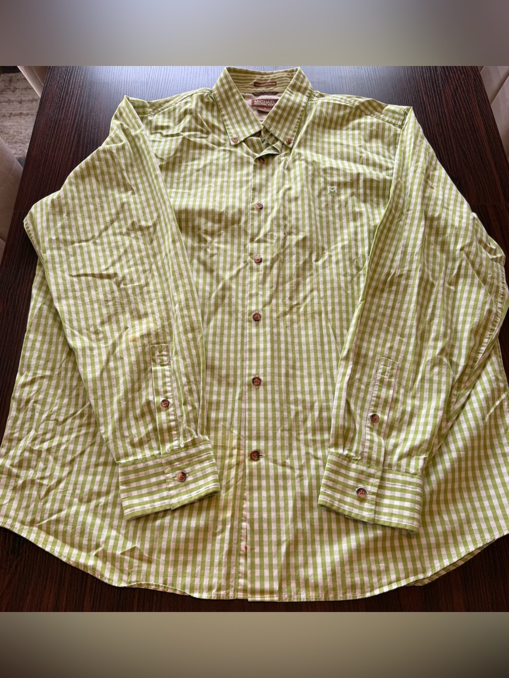 Michael Kors Mens Green White Gingham Plaid 2-Ply Cotton Button Down Shirt XL